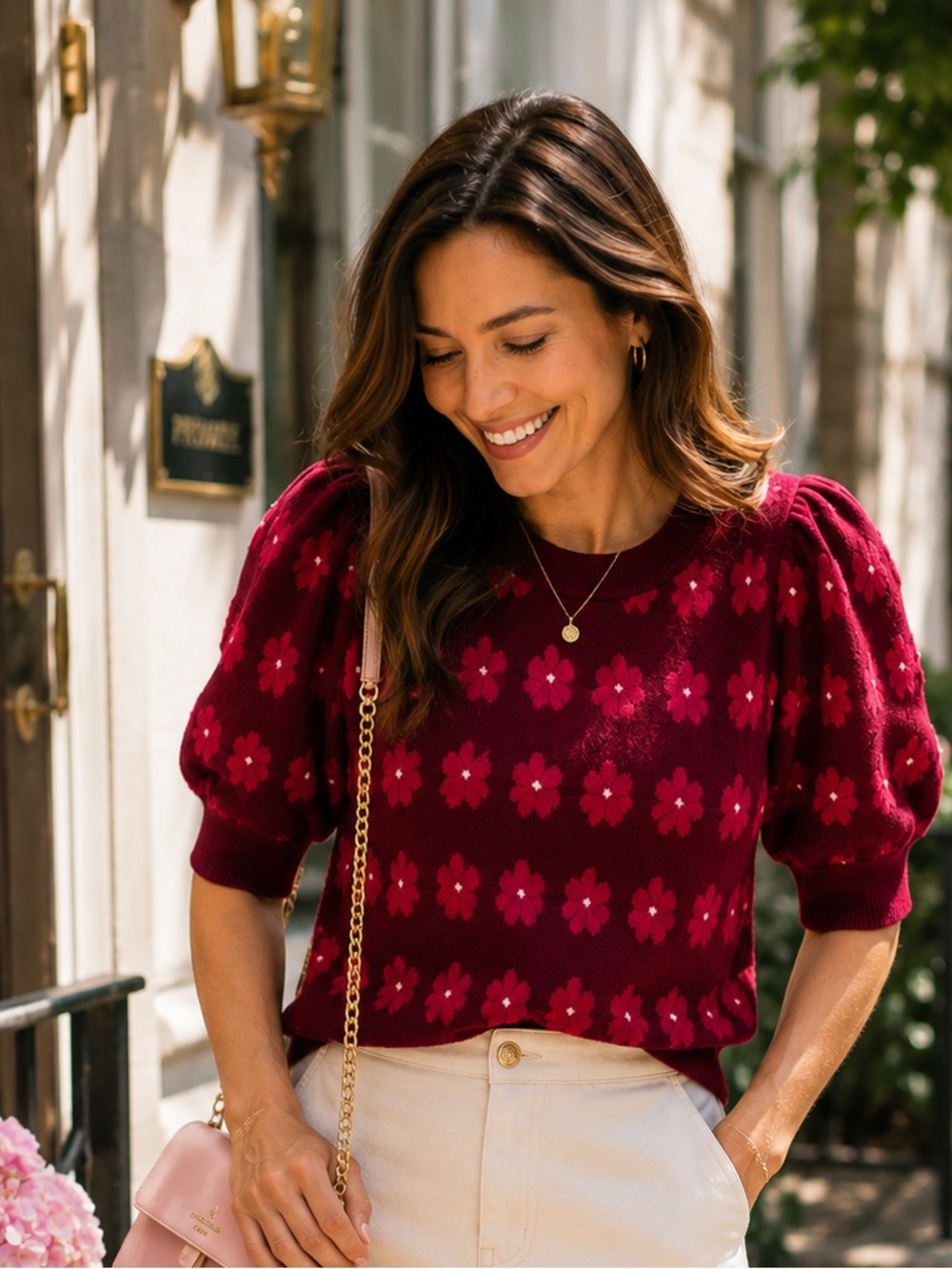 Kate Spade Marker Floral Puff Sleeve Knit Sweater Pink Maroon Size Medium NWOT